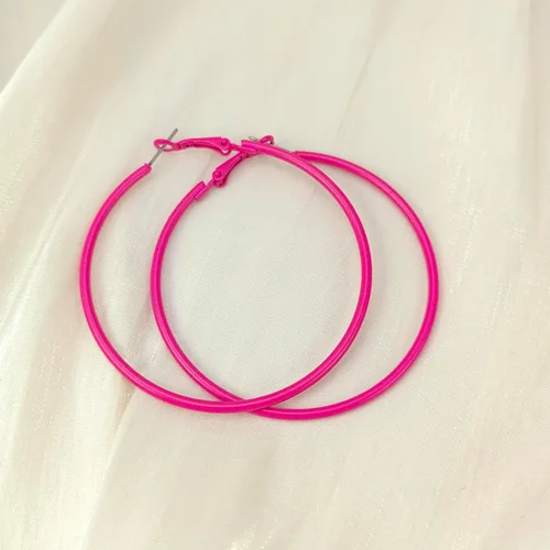 Vista 3 de Aretes de aro rosa para mujer, 2.36 pulgadas, grandes aros de acero inoxidable de los años 80 y 90, aretes grandes retro neón para fiesta