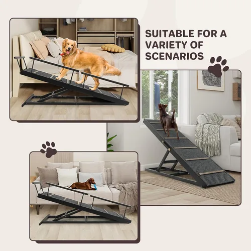 Vista 9 de Rampa para Mascotas Plegable Portátil de Madera para Perros y Gatos para Sofá o Cama, Incluye Alfombrilla Antideslizante y Rieles Laterales
