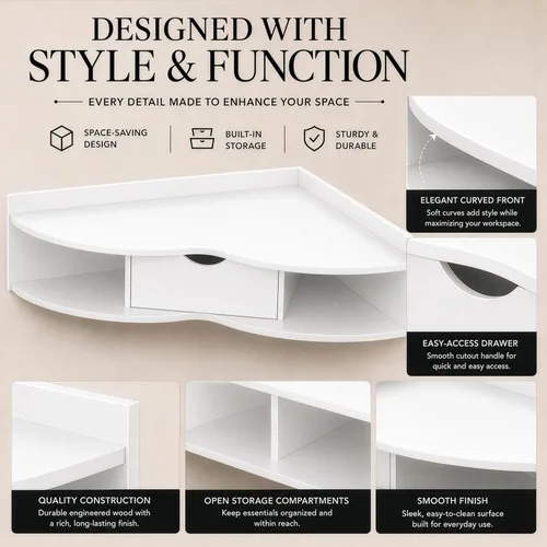 Vista 8 de Mesa plegable de pared con cajón, ahorro de espacio flotante Blanco