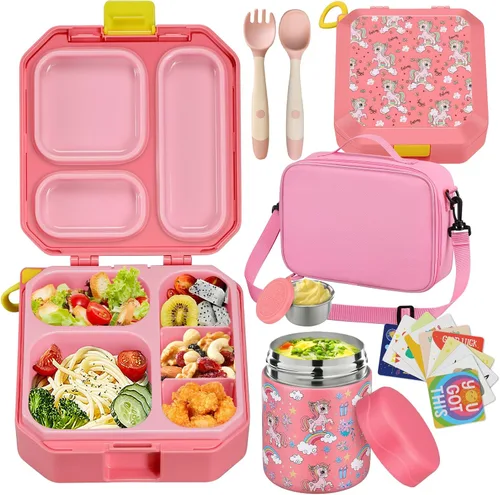 Vista 17 de wiwens - Lonchera Bento para niños con termo de sopa de 12 onzas, contenedor de comida para almuerzo a prueba de fugas con 5 compartimentos, termo