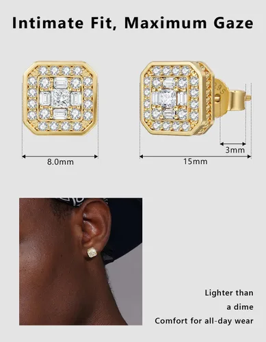Vista 3 de KRKC&CO Earrings Stud for Men, Silver Post Square Earrings 2-Dorado-b