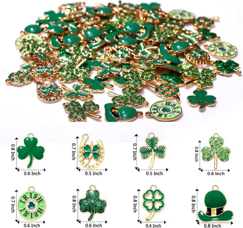 Vista 3 de 40/80 dijes de trébol del día de San Patricio para hacer joyas, diamantes de imitación esmaltados con sombrero verde y hojas colgantes