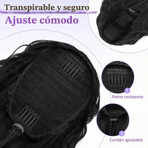 Vista 3 de Extensión de cola de caballo con cordón, extensión de cola de caballo larga y rizada para mujeres negras, extensiones de cabello negro de 26