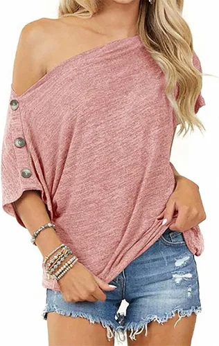 Vista 2 de Blusa sólida hombros descubiertos para mujer, camiseta de manga corta de verano 2023, camiseta holgada sexy para fiesta