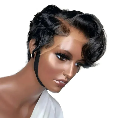 Vista 7 de Peluca de cabello humano corto con encaje frontal para mujeres negras, peluca de corte Pixie, peluca de encaje previamente despuntada en T