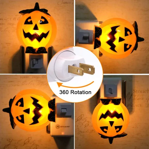 Vista 3 de Luz nocturna enchufable de calabaza con enchufe giratorio de 360 grados para decoración de Halloween