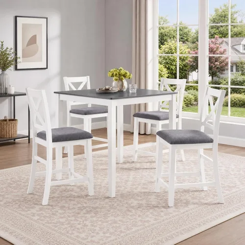 Vista 11 de Juego de mesa de comedor Trygoal para 5, juego moderno de 6 piezas para comedor con mesa rectangular, 4 sillas tapizadas con respaldo y un banco