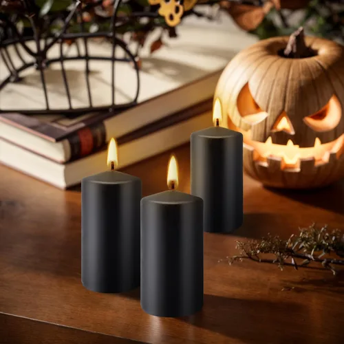 Vista 6 de Juego de 20 velas de pilar negras de 2 pulgadas de ancho x 4 pulgadas de alto, decoración elegante para el hogar, eventos y celebraciones, acabado