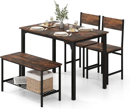 Vista 9 de COSTWAY Dining Table Set for 4, Space-Saving Dining Room Table with Bench and 2 Chairs, Storage Rack & Anti-Slip Foot Pads, Industrial Kitchen Table