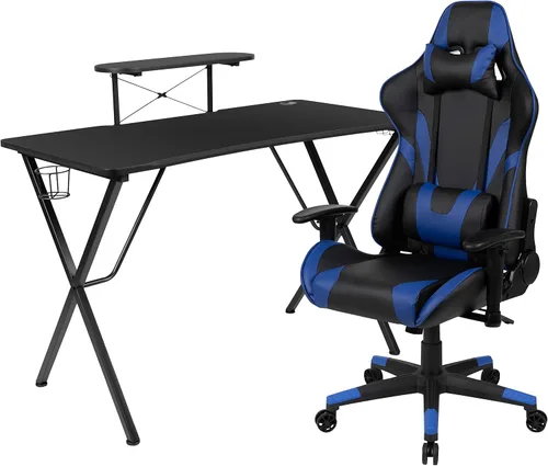 Vista 29 de Flash Furniture Juego de escritorio para juegos negro y silla de carreras blanco/negro con soporte para tazas, gancho para auriculares y soporte