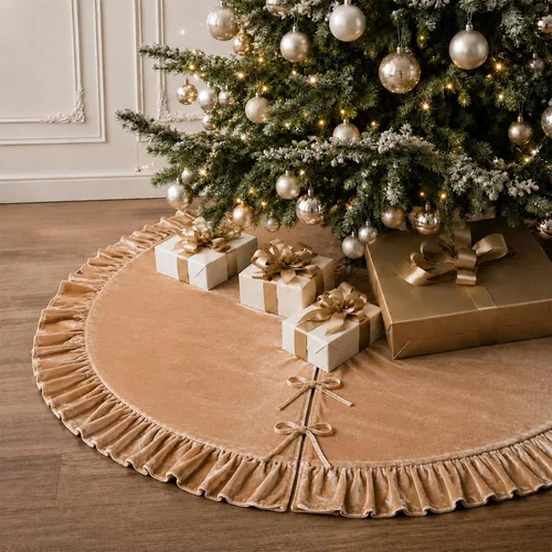 Vista 39 de Faldones de Felpa para Árbol de Navidad, 24 pulgadas, Lujosa Cubierta de Base de Árbol de Navidad de Piel Sintética Negra con Copos de Nieve Dorados