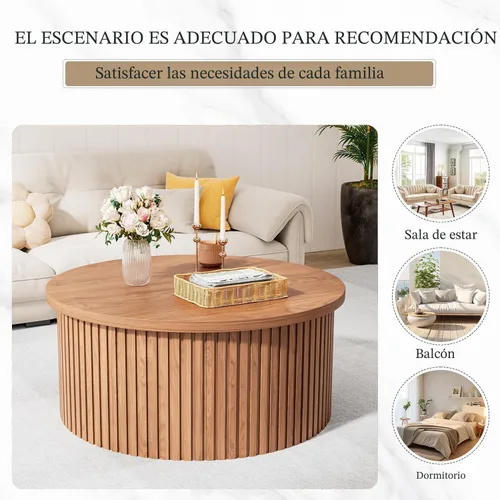 Vista 7 de Fsbecl Mesa de Centro de Tapa Elevable Acanalada con Almacenamiento Oculto, Mesa de Centro Redonda de 31.6 Pulgadas para Sala de Estar, Mesas Nogal