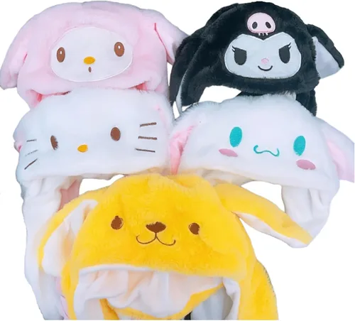 Vista 5 de Gorro de salto con orejas de Kawaii en movimiento, lindo gorro mullido de dibujos animados suave y cálido para el invierno, sombreros de felpa
