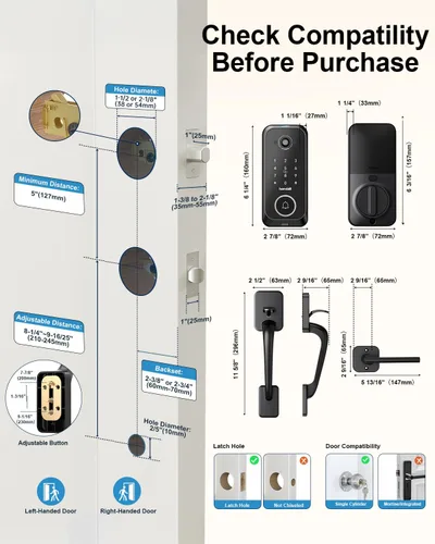 Vista 8 de Conjuntos de cerradura inteligente para puerta delantera: cerradura con cámara HD 2K con kits de timbre, cerradura de puerta sin llave con huella