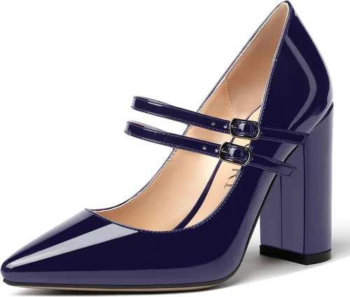 Vista 17 de MERRORI Vestido sólido con correa ajustable para mujer, con hebilla de patente, puntera puntiaguda, tacón alto, zapatos de 4 pulgadas Beige