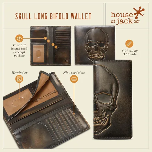Vista 2 de HOJ Co SkULL - Cartera larga para hombre cuero de grano completo con acabado pulido a mano billetera larga plegable Cartera de roeo billetera