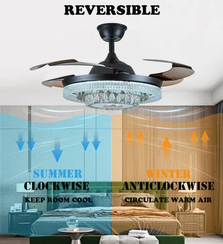 Vista 6 de Fandian Ventilador de techo inteligente moderno de 42 pulgadas con luces de control remoto, candelabro de cristal retráctil de inversa negra