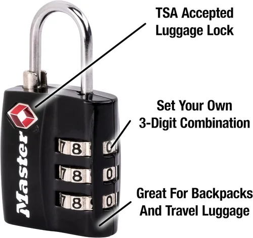 Vista 3 de Master Lock Cerradura de equipaje negra aprobada por la TSA con cuerpo de bloqueo ancho y grillete de acero fino y duradero, cierre de cremallera