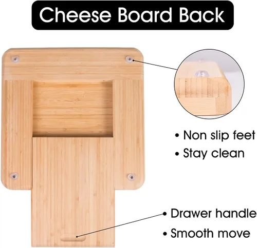 Vista 4 de DUNCHATY Juego de tablas de queso de bambú, tabla de charcutería con cajón deslizante, cubiertos y accesorios, rústico, marrón, rectangular, apto