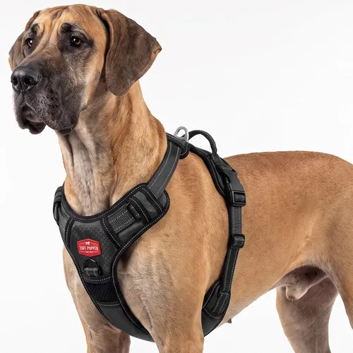 Vista 27 de Tuff Pupper Arnés para perro sin tirones, chaleco resistente para mascotas, clips para correa delantera y trasera, mango de seguridad fuerte