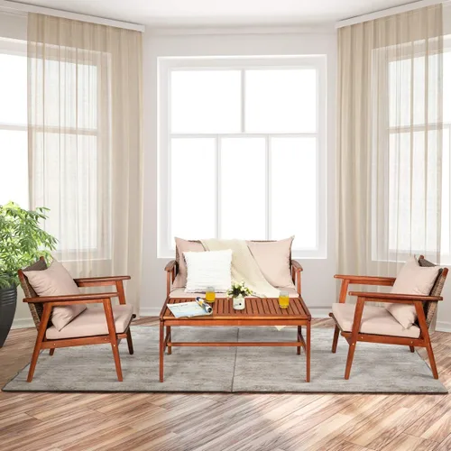 Vista 4 de Tangkula juego de 4 sofás de madera de patio, juego de asientos de madera de acacia para exterior con cojines y mesa de centro, juego de sofá