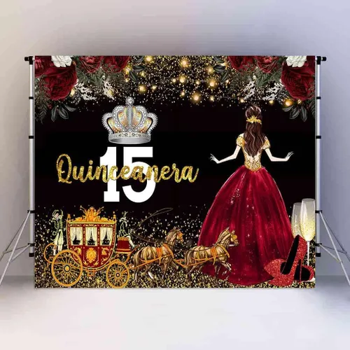 Vista 12 de Vestido rojo, fondo de flores de rosa, telón de fondo de cumpleaños de quinceañera para niña, princesa, feliz cumpleaños 15, carruaje de fotografía