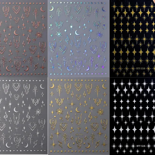 Vista 6 de 6 hojas de calcomanías de uñas de estrellas doradas 3D autoadhesivas plateadas, calcomanías de uñas degradadas de corazón y luna, calcomanías