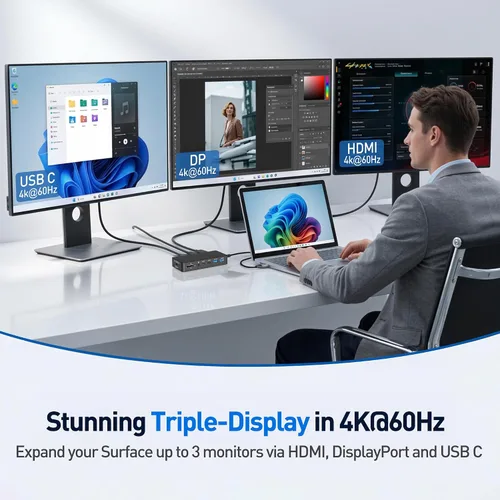 Vista 4 de Surface Thunderbolt 4 Estación de acoplamiento, base de superficie de pantalla triple 4K 12 en 1 con HDMI, DP, Thunderbolt 4, Gigabit Ethernet