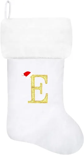 Vista 119 de Calcetines de Navidad bordados de 20 pulgadas con monograma, terciopelo negro con puño de felpa blanca supersuave, adornos clásicos para decoración