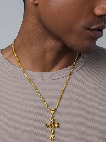 Vista 2 de ChainsHouse Collar de cruz para hombre, chapado en oro de 18 quilates, acero inoxidable, joyería cristiana, collar con colgante de cruz