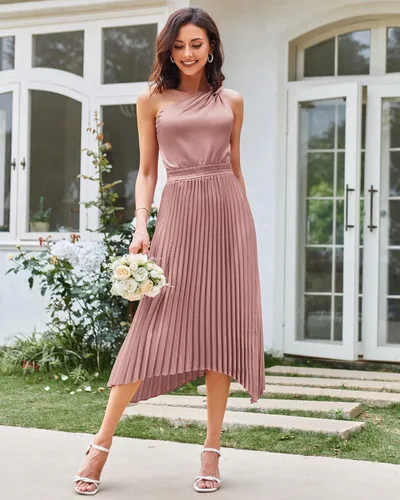 Vista 5 de GRACE KARIN Vestido de satén de verano 2023 con un hombro descubierto para mujer, sin mangas, plisado, vestido midi sexy de cóctel