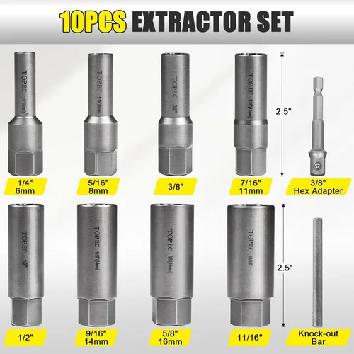 Vista 3 de Topec Juego de Extractor de Pernos Profundos Tipo Espiral de 10 Piezas, Juego de Llaves de Extracción de Bujías, Removedor de Tuercas Peladas