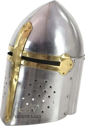Vista 3 de R.K GLOCAL ENTERPRISES Medieval Armor Replicas Armor Templar Knight Crusader Helmet Knight with Brass Cross Silver Helloween Helmet