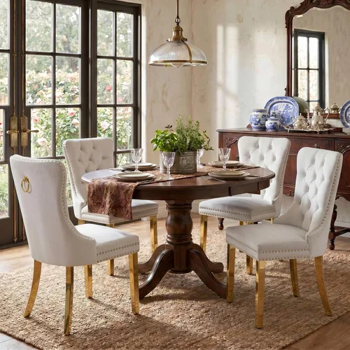 Vista 87 de SoarFlash Juego de 2 sillas de comedor de terciopelo, silla lateral de respaldo alto, silla lateral moderna tapizada de alta gama con botones Beige