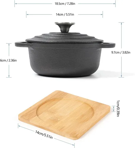 Vista 2 de HAWOK Mini horno holandés de hierro fundido, diámetro 5.51 pulgadas, 23 onzas, con bandeja de bambú, juego de 2, pre-sazonado
