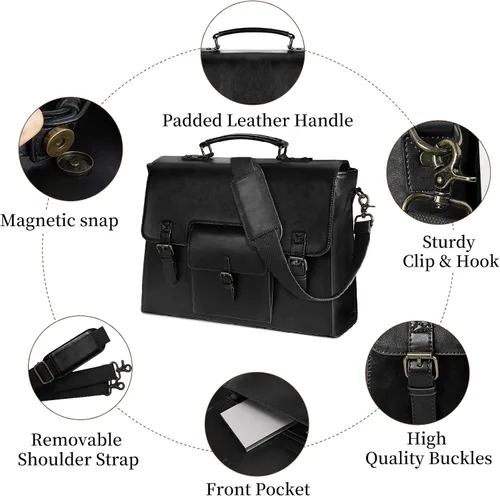 Vista 5 de Bolsa de mensajero de cuero para hombres y mujeres, 15.6 pulgadas, impermeable, de cuero vintage, maletín para laptop, bolso de hombro grande, bolsa