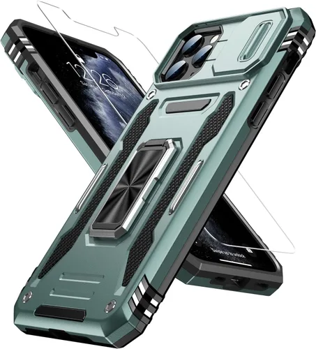 Vista 21 de MERRO Funda para iPhone 13 Pro con protector de pantalla, protección de cámara deslizante, funda resistente de grado militar con soporte magnético