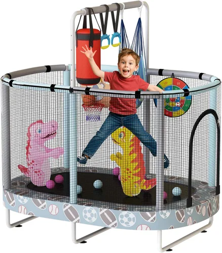 Vista 13 de LAMERGE Trampolín redondo 7 en 1 de 55 pulgadas para niños y niñas de 1 a 8 años, trampolín para interiores y exteriores para diversión, barandilla