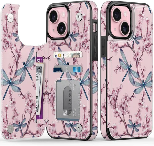 Vista 167 de FUNMIKO Funda tipo cartera para iPhone 15 con tarjetero + clip para efectivo, bloqueo RFID, protección contra caídas de grado militar y obras