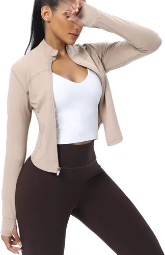 Vista 91 de AVGO Chaquetas de entrenamiento recortadas para mujer, con cremallera, ajustadas, atléticas, con agujeros para el pulgar
