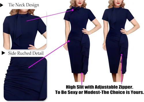 Vista 5 de VFSHOW Womens Bow Tie V Neck Cocktail Work Business Bodycon Pencil Dress