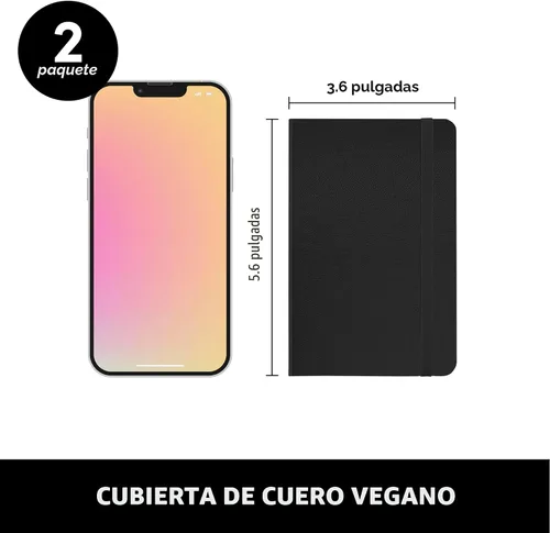Vista 2 de Juego de 2 cuadernos blocs de notas de bolsillo pequeño, pauta universitaria, 3.7 x 5.6 pulgadas, minidiario de tapa dura, papel grueso de 3.5 Negro