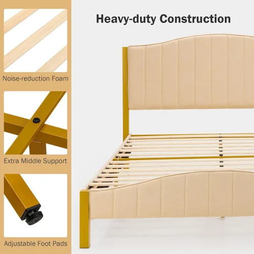 Vista 5 de Giantex Base de cama tapizada de tamaño matrimonial, base de cama moderna con cabecera acolchada, base de colchón con soporte de listones de madera