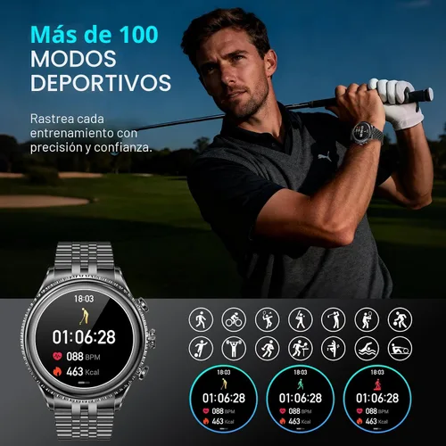 Vista 6 de Reloj inteligente con bisel giratorio 2026 para hombre con llamada Bluetooth, frecuencia cardíaca, presión arterial, SpO2, monitor de sueño, reloj