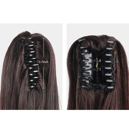 Vista 4 de Extensiones de cola de caballo, extensiones de cabello de cola de caballo con clip de garra marrón oscuro para mujer, pieza de cabello rizado