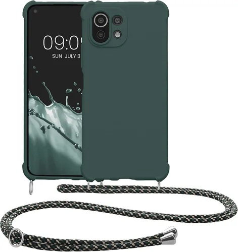 Vista 8 de kwmobile Funda cruzada compatible con Xiaomi 11 Lite (5G) NE/Mi 11 Lite (5G) - Funda de silicona TPU con correa - Verde musgo