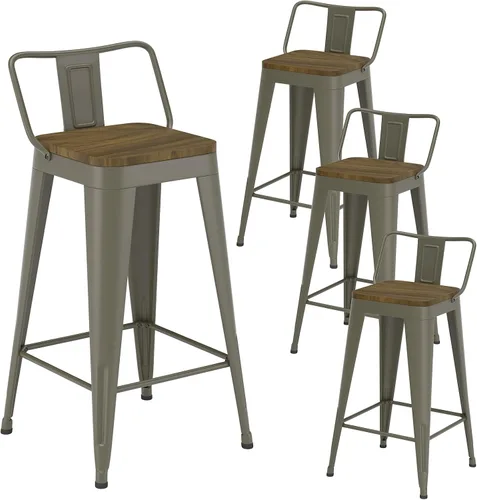 Vista 12 de Juego de 4 taburetes de bar de metal, taburetes de bar con respaldo alto con asiento de madera, taburetes de bar negros de 24 pulgadas para isla
