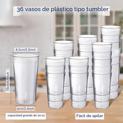 Vista 2 de Sieral Paquete de 36 vasos de plástico reutilizables de 20 onzas, vasos transparentes reutilizables para bebidas, vasos apilables para restaurante
