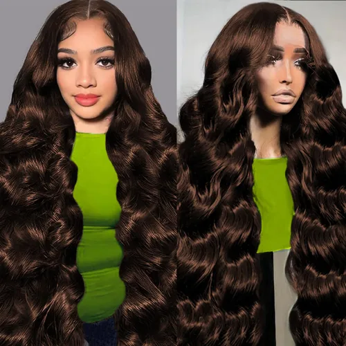 Vista 14 de Peluca de cabello humano ondulado con encaje frontal HD de 13 x 6 pulgadas, densidad del 200 %, predepilada, color marrón chocolate, peluca