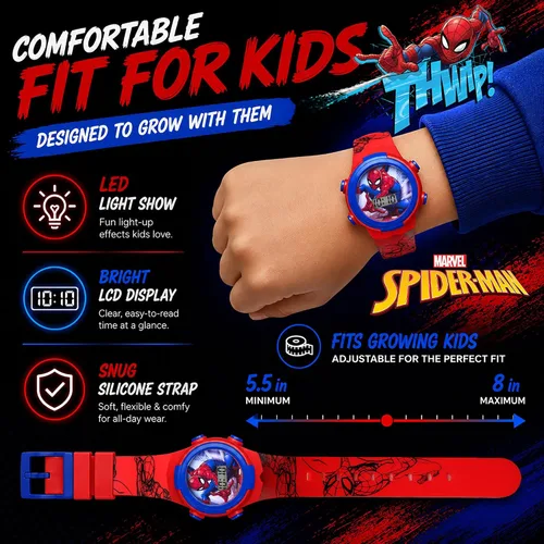 Vista 5 de Marvel Spider-Man Kids Watches – Digital Display, Interactive Features, Adjustable Strap, Vibrant Spider-Man Graphics, Durable for Active Kids Azul